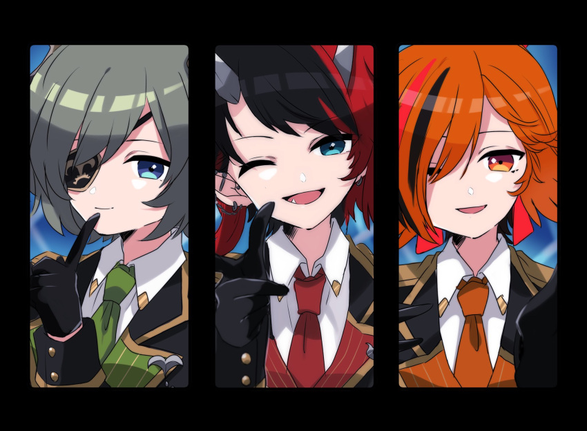 3girls, alternate_costume, animare, bangs, black_gloves, black_hair, blue_eyes, collared_shirt