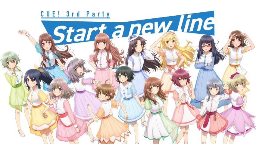 6+girls, :d, ahoge, akagawa_chisa, black_hair, blonde_hair, blue_eyes, bow