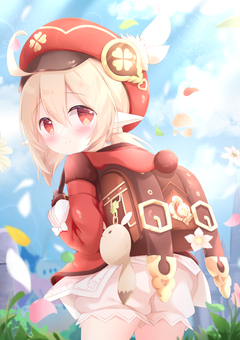 1girl, ahoge, backpack, bag, bag_charm, bangs, blonde_hair, bloomers