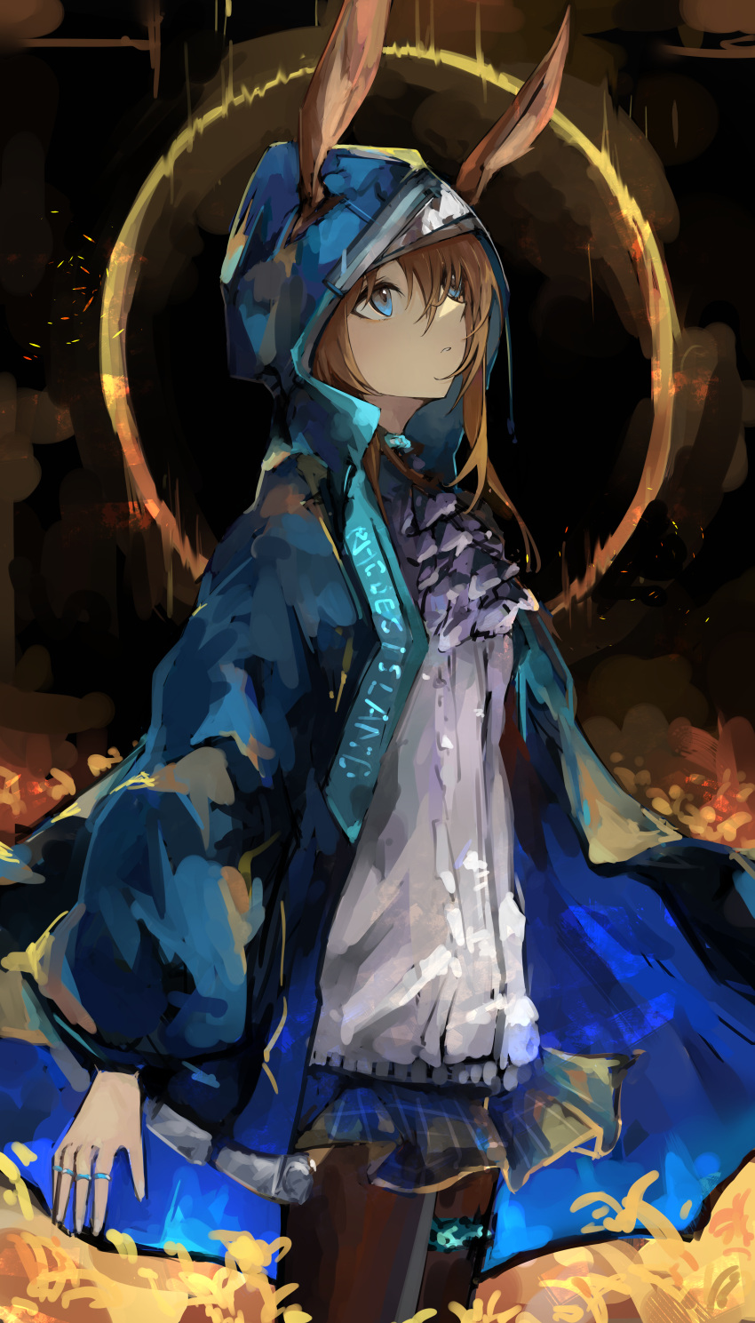 1girl, absurdres, amiya_(arknights), arknights, ascot, black_background, black_pantyhose, blue_ascot