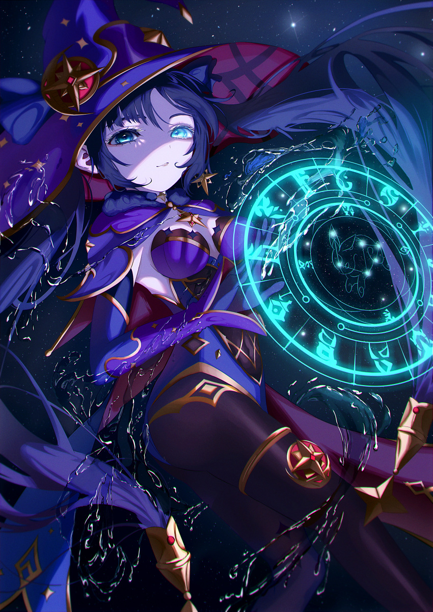 1girl, absurdres, aster_(teslavision), asymmetrical_bangs, bangs, black_gloves, black_hair, blue_capelet