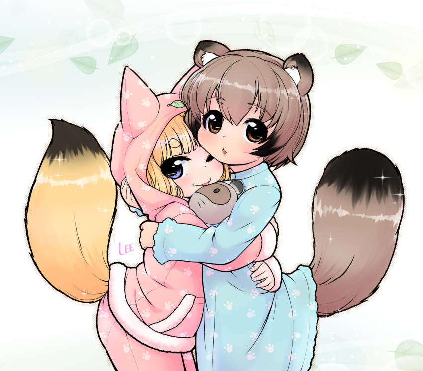 2girls, :p, animal_ear_fluff, animal_ears, artist_name, between_breasts, blonde_hair, blue_dress