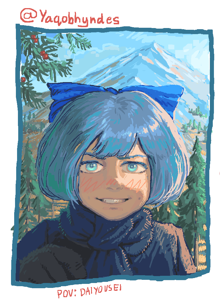 1girl, alternate_costume, aqua_eyes, blue_hair, blue_jacket, blue_ribbon, blue_scarf, cirno