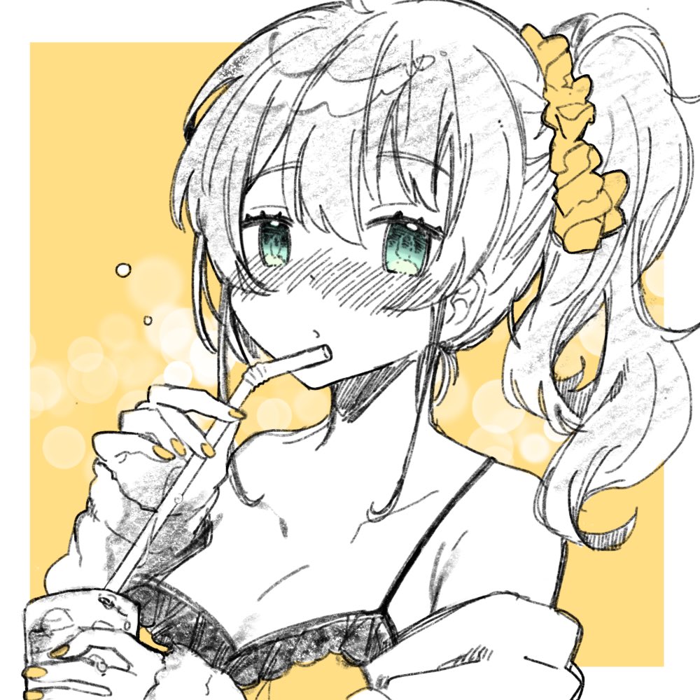 1girl, aqua_eyes, ayoiji, blush, camisole, close-up, cup, drink