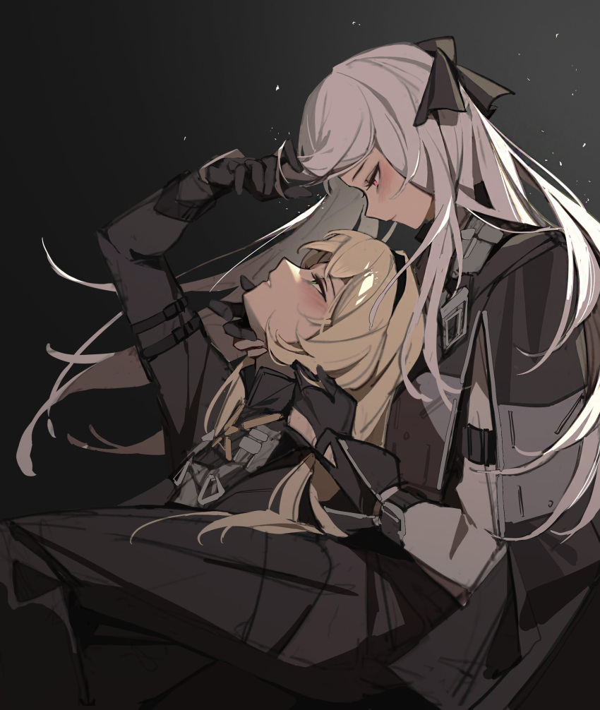 2girls, ak-12_(girls'_frontline), an-94_(girls'_frontline), aqua_eyes, blonde_hair, bow, braid, coat, french_braid, hair_bow, hairband, hand_in_another's_hair, hand_on_another's_cheek, hand_on_another's_face, highres, long_hair, multiple_girls, tactical_clothes, trove, upper_body, violet_eyes, yuri