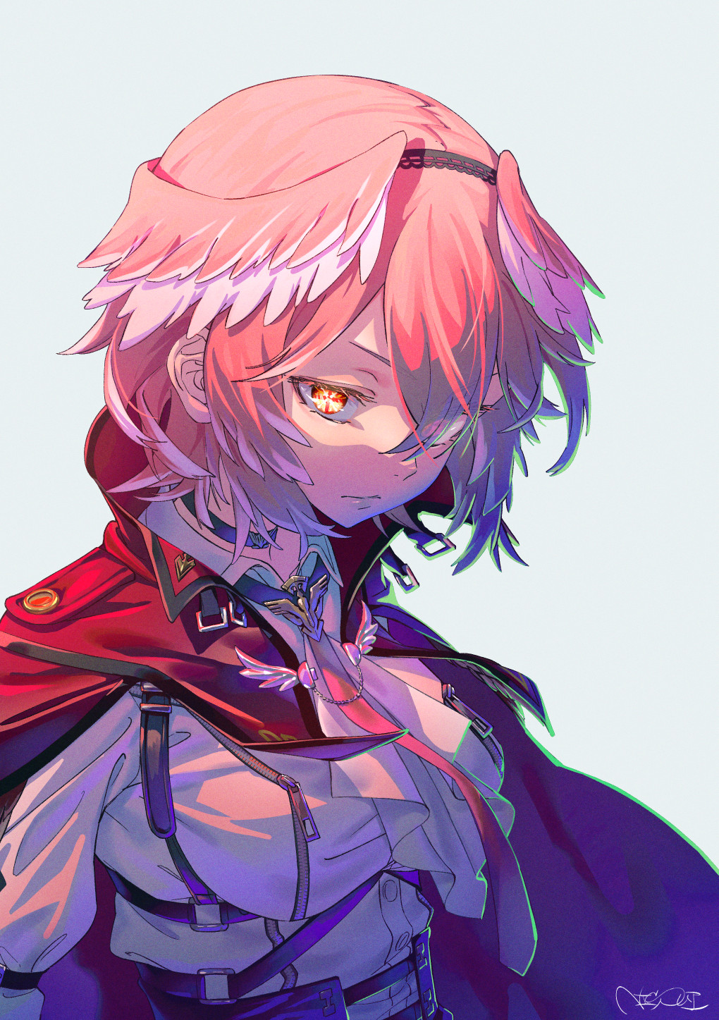 1girl, bangs, black_hairband, cloak, closed_mouth, hair_between_eyes, hairband, head_wings, highres, hololive, looking_at_viewer, necktie, nisui_noki, pink_hair, red_cloak, red_eyes, red_necktie, shirt, short_hair, signature, simple_background, solo, takane_lui, upper_body, virtual_youtuber, white_background, white_shirt, zipper