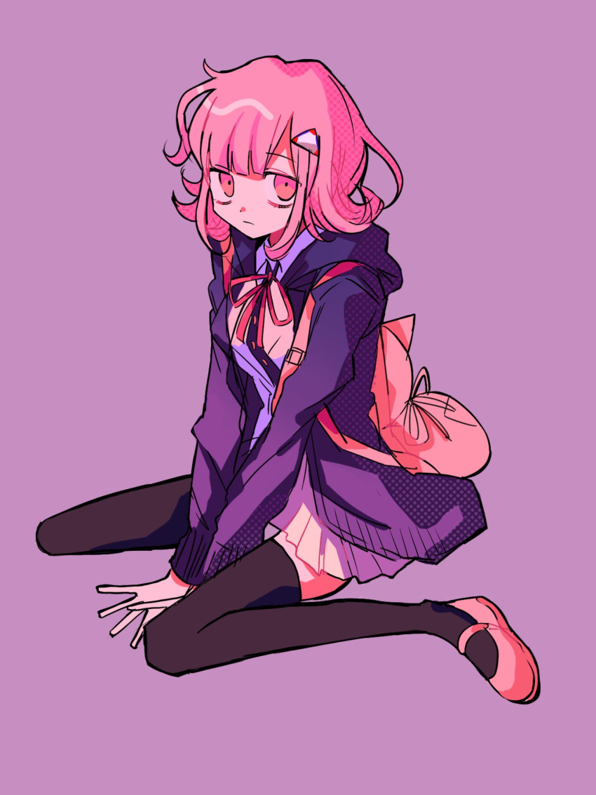 1girl, alternate_hair_ornament, backpack, bag, bangs, black_shirt, black_thighhighs, closed_mouth, collared_shirt, commentary_request, dress_shirt, from_side, galaga, highres, jacket, long_sleeves, looking_at_viewer, medium_hair, miniskirt, nanami_chiaki, neck_ribbon, open_clothes, open_jacket, pink_background, pink_eyes, pink_footwear, pink_hair, pleated_skirt, purple_jacket, red_ribbon, ribbon, shirt, simple_background, sitting, skirt, solo, thigh-highs, triangle_hair_ornament, two-tone_shirt, yuno_(ou35i)