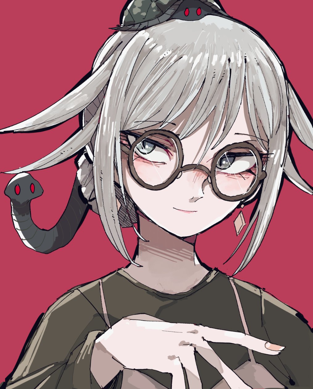 1girl, animal_costume, black_shirt, closed_mouth, earrings, genbu_(kemono_friends), glasses, grey_eyes