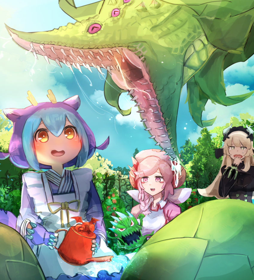 2others, 3girls, blonde_hair, blue_hair, chamber_dragonmaid, commentary, commission, dragon_girl