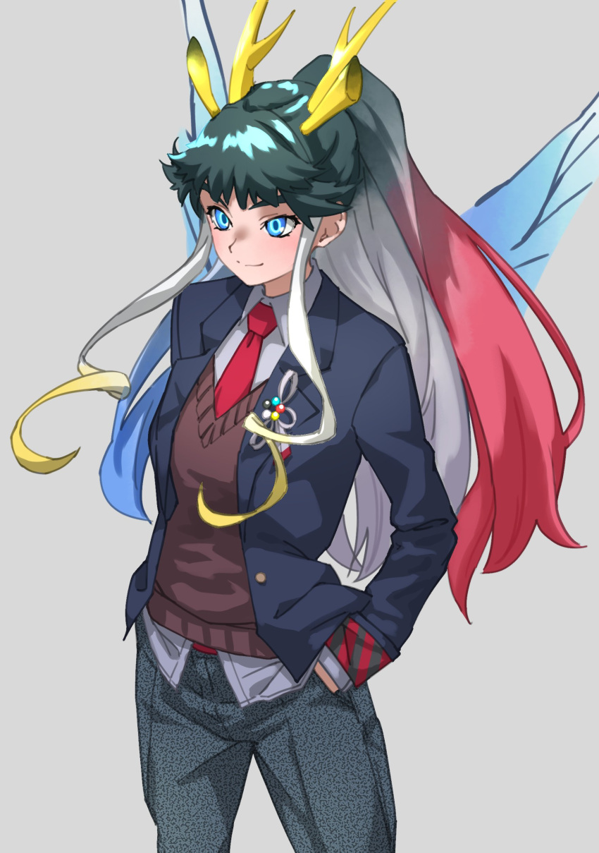 1girl, absurdres, antlers, black_hair, blonde_hair, blue_eyes, commentary, formal