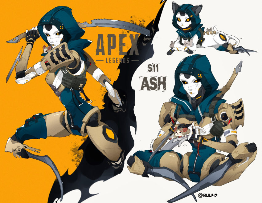 1girl, android, animalization, apex_legends, ash_(titanfall_2), black_sclera, blue_leotard, cat