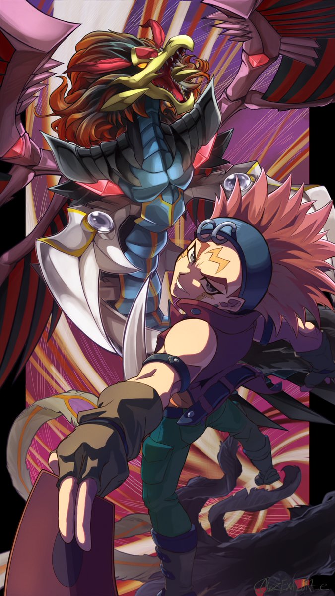 1boy, beak, black-winged_assault_dragon, black_feathers, boots, brown_gloves, brown_jacket, card, commentary, crow_hogan, dragon, duel_monster, facial_mark, feathered_wings, feathers, fingerless_gloves, gloves, grey_eyes, headband, highres, holding, holding_card, jacket, looking_back, open_mouth, orange_eyes, orange_hair, red_feathers, sharp_teeth, sleeveless, sleeveless_jacket, smile, spiky_hair, teeth, twitter_username, wings, yu-gi-oh!, yu-gi-oh!_5d's, zexalura53