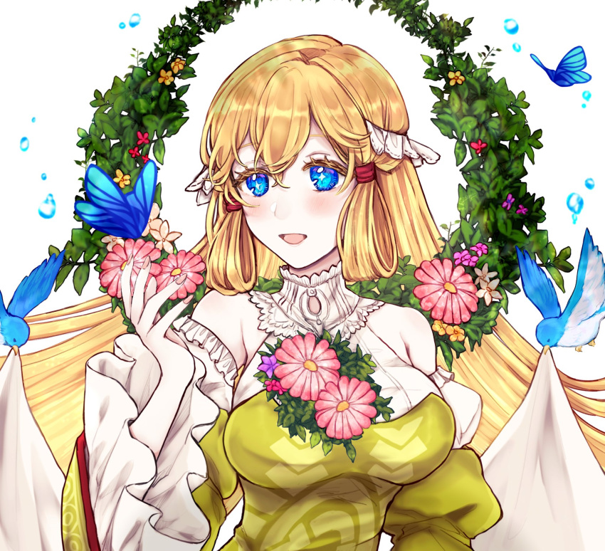 1girl, :d, bare_shoulders, bird, blonde_hair, blue_bird, blue_eyes, blush
