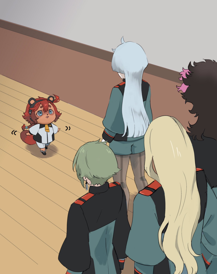 2girls, 3boys, ahoge, black_hairband, blonde_hair, blue_eyes, blue_hair, cat_breakdancing_(meme), dancing, earrings, elan_ceres, furrification, furry, furry_female, green_hair, green_jacket, guel_jeturk, gundam, gundam_suisei_no_majo, hairband, highres, jacket, jewelry, long_hair, looking_up, meme, miorine_rembran, multicolored_hair, multiple_boys, multiple_girls, open_mouth, pink_hair, raccoon_girl, redhead, sakasa_dzuri, shaddiq_zennelli, single_earring, smile, streaked_hair, suletta_mercury, very_long_hair, white_jacket