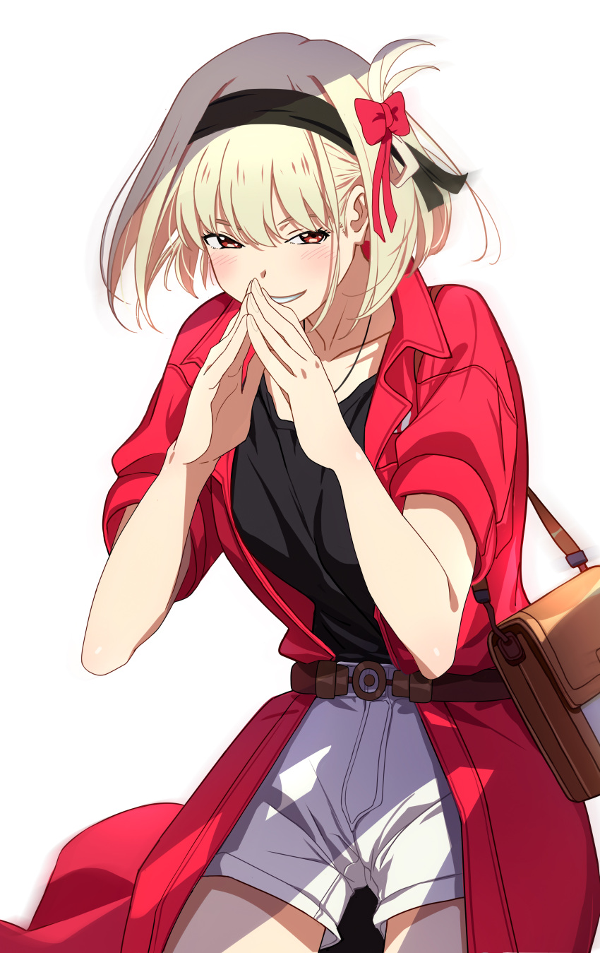 1girl, absurdres, bag, black_hairband, black_shirt, blonde_hair, blush, collarbone