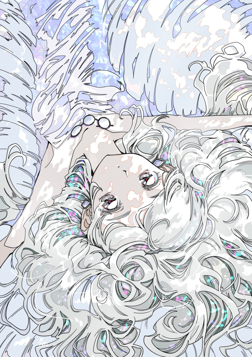 1girl, bare_shoulders, dappled_sunlight, dress, expressionless, grey_eyes, grey_hair, highres