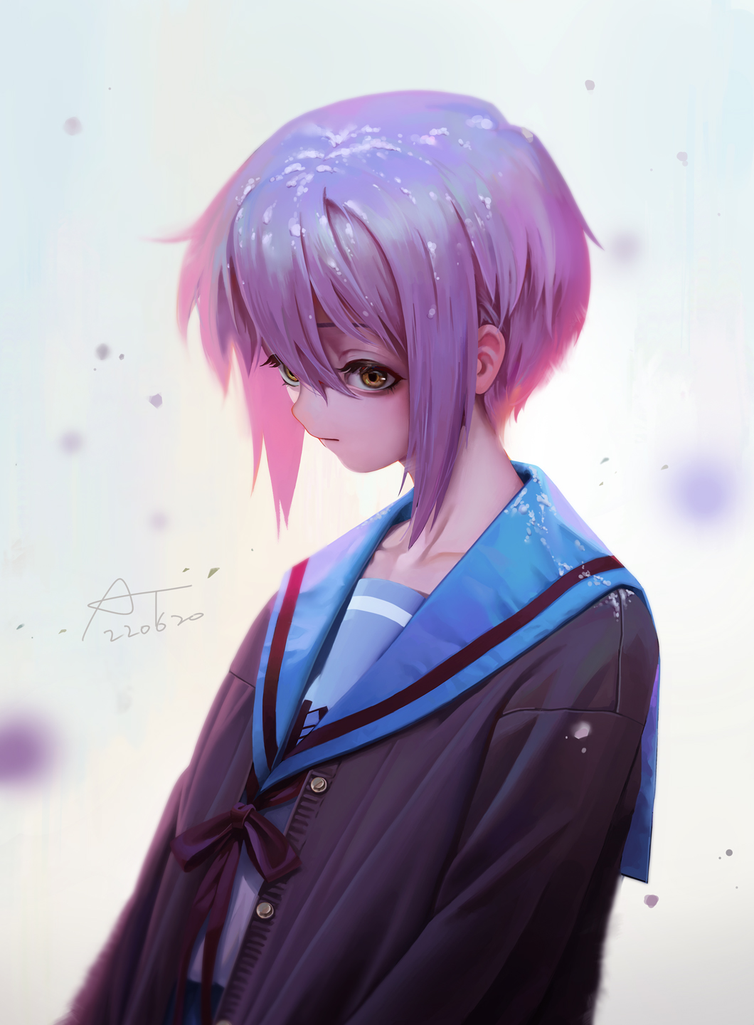 1girl, bangs, blue_sailor_collar, brown_cardigan, brown_eyes, cardigan, collarbone, commentary