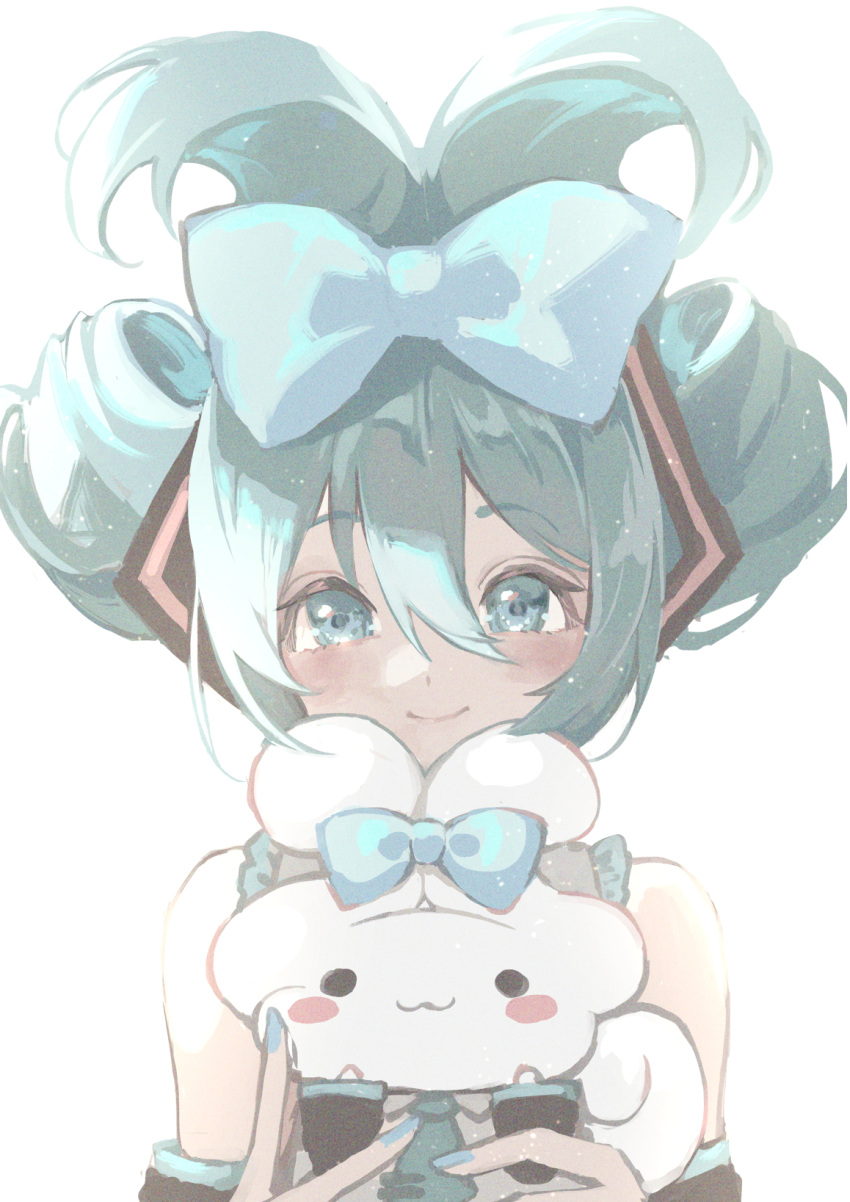 1girl, :3, aqua_eyes, aqua_hair, aqua_necktie, bangs, bare_shoulders, blue_bow, blue_nails, blush, blush_stickers, bow, cinnamiku, cinnamoroll, commentary, detached_sleeves, folded_ponytail, hair_bow, hatsune_miku, highres, holding_bunny, looking_at_viewer, marutani, matching_outfit, necktie, rabbit, sanrio, smile, solo, tied_ears, twintails, updo, vocaloid, white_background