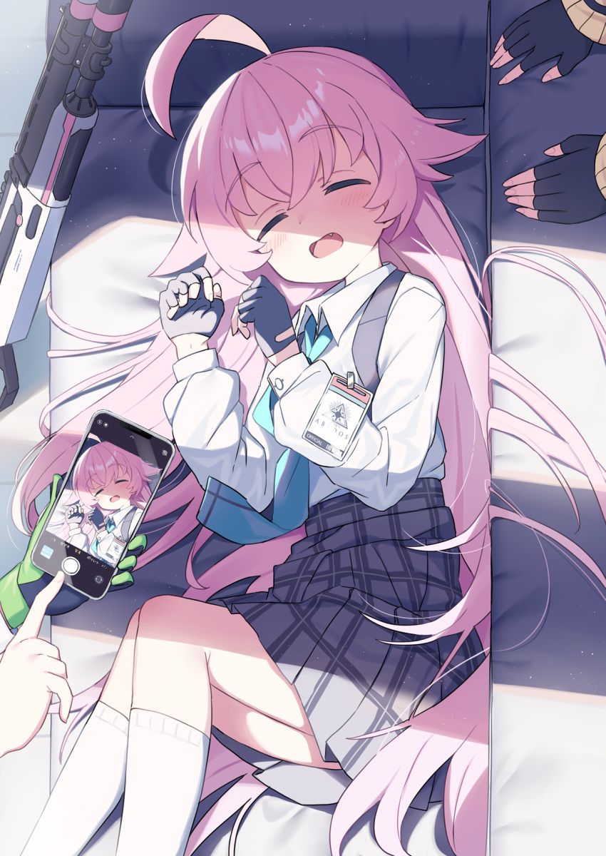 3girls, ahoge, bangs, black_gloves, black_skirt, blue_archive, blue_necktie, blush