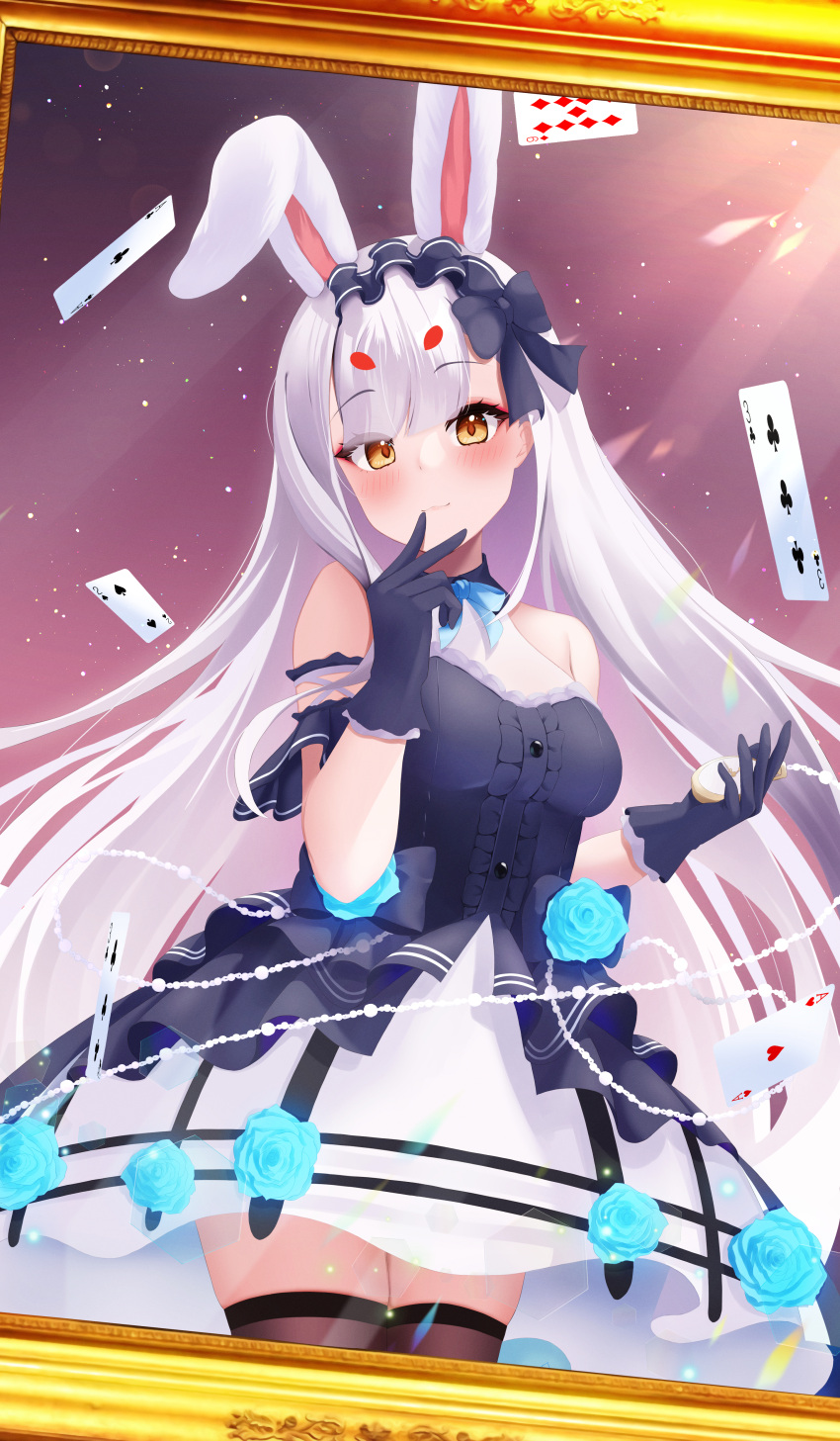 1girl, absurdres, azur_lane, black_gloves, blue_flower, breasts, brown_thighhighs, card, dress, flower, frilled_gloves, frills, gloves, hairband, highres, layered_dress, lolita_hairband, long_hair, looking_at_viewer, medium_breasts, official_alternate_costume, playing_card, purple_dress, rabbit_girl, shimakaze_(azur_lane), shimakaze_(the_white_rabbit_of_wonderland)_(azur_lane), short_dress, sleeveless, sleeveless_dress, solo, standing, sumisumi4268, thigh-highs, two-tone_dress, very_long_hair, white_dress, yellow_eyes, zettai_ryouiki
