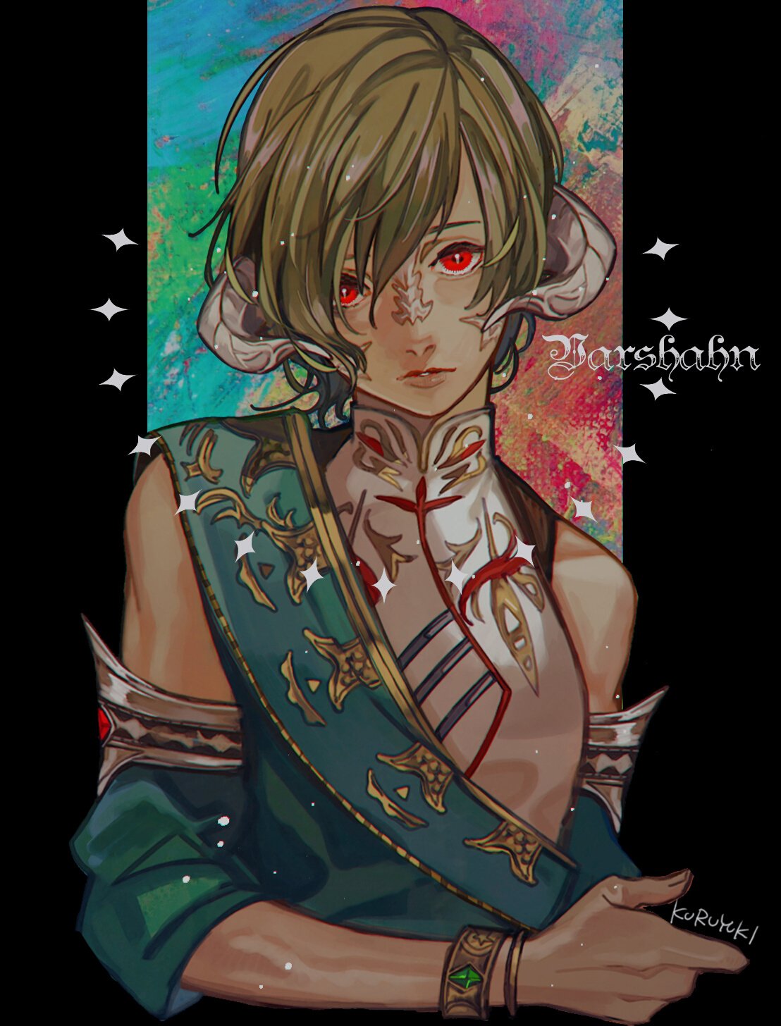 1boy, ailout2, arm_across_waist, artist_name, au_ra, bracelet, character_name, collared_shirt