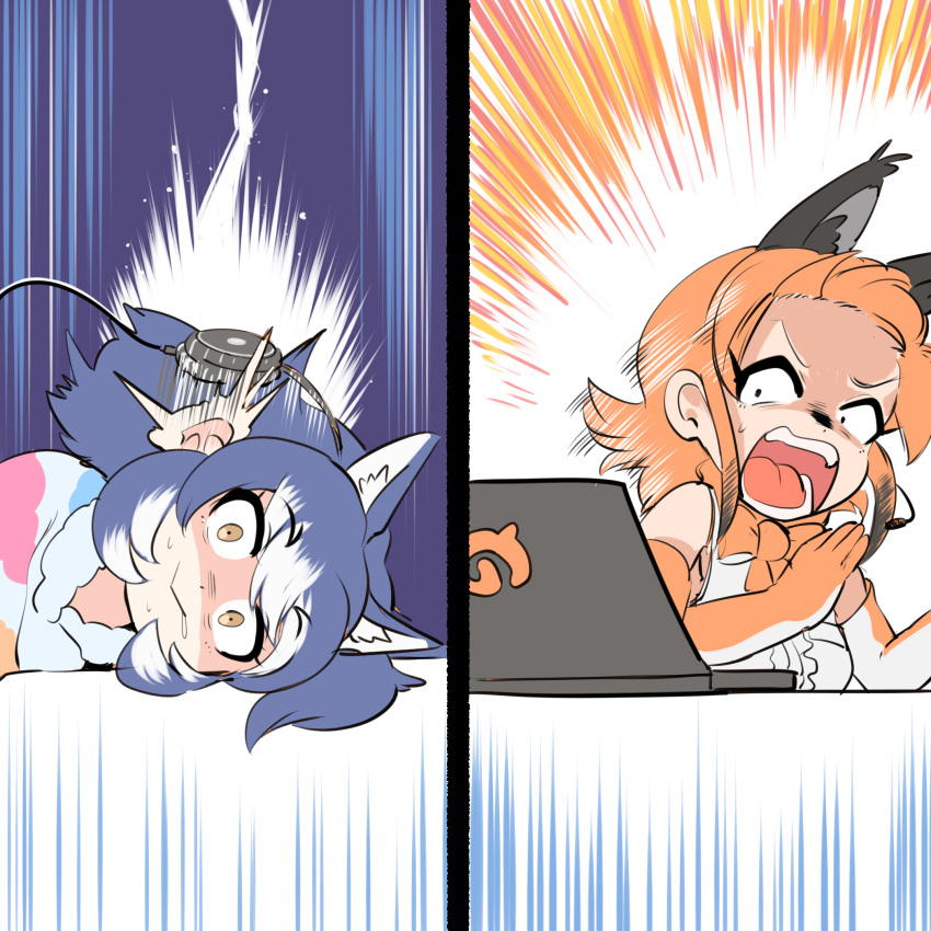 2girls, animal_costume, animal_ear_fluff, animal_ears, black_eyes, blue_hair, caracal_(kemono_friends), caracal_ears, closed_mouth, computer, dire_wolf_(kemono_friends), gloves, grey_eyes, headphones, highres, kemono_friends, kemono_friends_v_project, long_hair, mcgunngu, microphone, multiple_girls, necktie, open_mouth, orange_hair, pajamas, shirt, sleeveless, sleeveless_shirt, virtual_youtuber, wolf_ears, wolf_girl