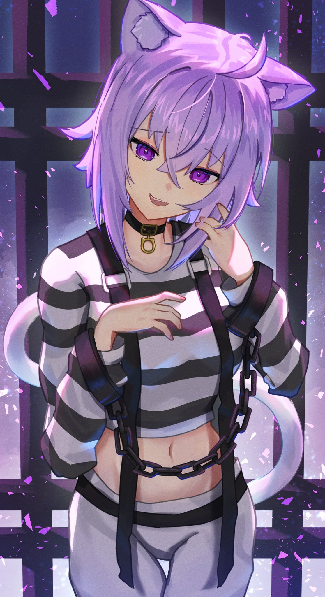 ahoge, animal_ear_fluff, animal_ears, ao_ne, bars, black_choker, breasts, cat_ears, cat_girl, cat_tail, choker, commentary, cuffs, handcuffs, highres, hololive, large_breasts, looking_at_viewer, medium_hair, navel, nekomata_okayu, open_mouth, pants, prison_cell, prison_clothes, purple_hair, shirt, striped, striped_pants, striped_shirt, suspenders, tail, violet_eyes, virtual_youtuber