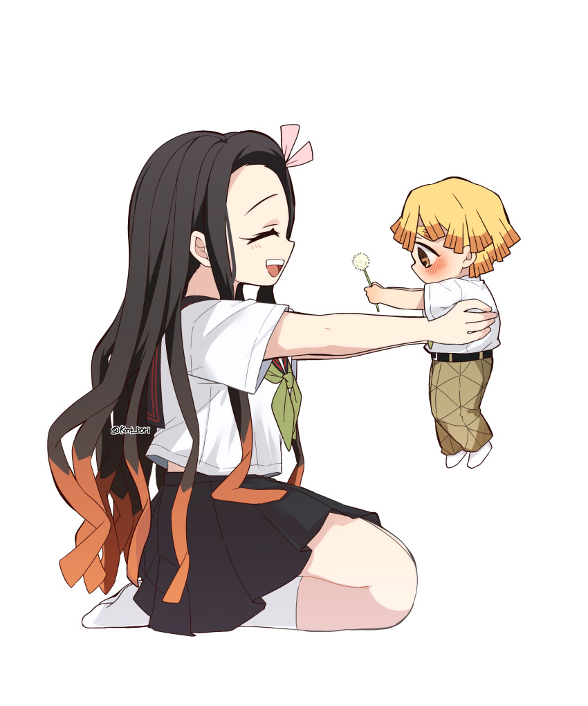 1boy, 1girl, ^_^, absurdres, agatsuma_zenitsu, bare_legs, belt, black_hair