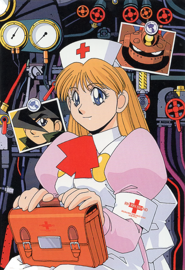 1boy, 1girl, armband, bangs, blue_eyes, briefcase, cable, gauge, hat, holding, holding_briefcase, industrial_pipe, juliet_sleeves, ling_ling, long_hair, long_sleeves, non-web_source, nurse, nurse_cap, official_art, on_lap, orange_hair, puffy_sleeves, sitting, smile, solo_focus, steam_detectives