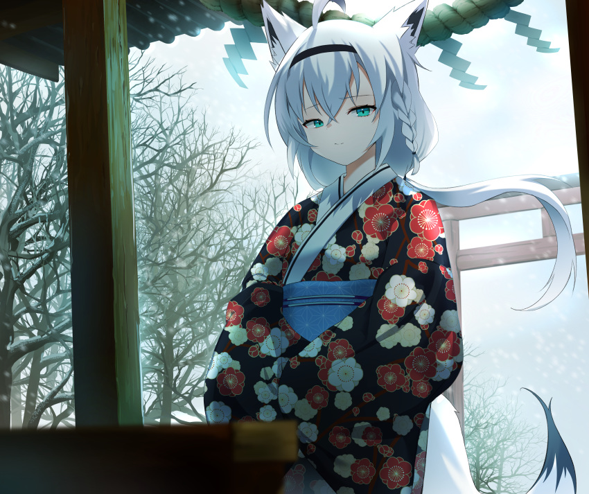 1girl, absurdres, ahoge, animal_ear_fluff, animal_ears, bangs, black_kimono, braid
