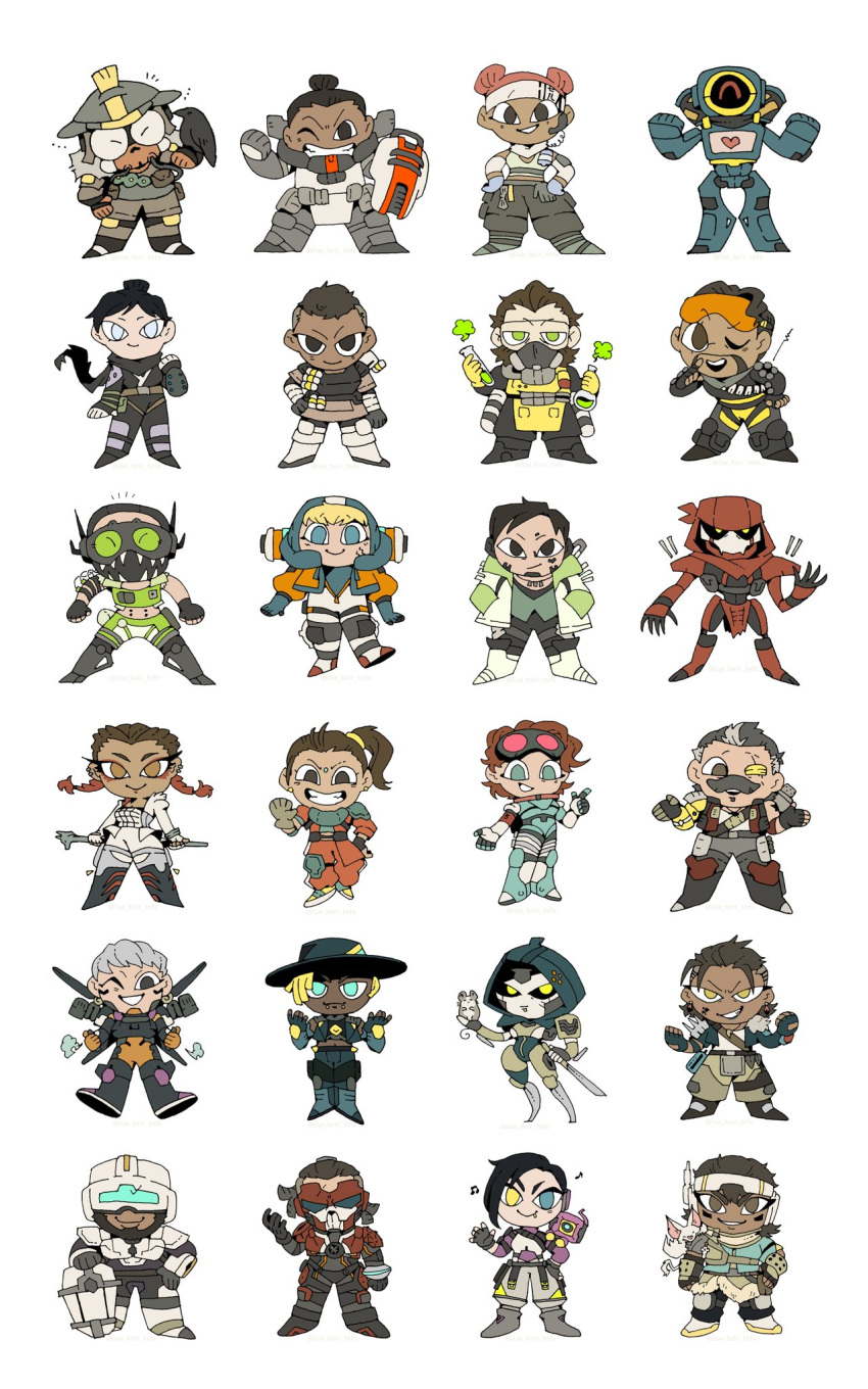 6+boys, 6+girls, android, animal_on_arm, aokami_headphone, apex_legends, armor, ash_(titanfall_2), bandana, bangalore_(apex_legends), beard, bird, bird_on_arm, black_bodysuit, black_gloves, black_hair, black_headwear, black_sclera, blonde_hair, bloodhound_(apex_legends), blue_eyes, blue_leotard, bodysuit, braid, breastplate, caustic_(apex_legends), chibi, clenched_hands, colored_sclera, crow, crypto_(apex_legends), dark-skinned_female, dark-skinned_male, dark_skin, double_bun, echo_(apex_legends), everyone, eyepatch, facial_hair, fade_(apex_legends), fuse_(apex_legends), gibraltar_(apex_legends), gloves, goggles, goggles_on_head, grey_hair, hair_bun, hat, hazmat_suit, headband, headset, heart, helmet, highres, hood, hood_up, hooded_leotard, horizon_(apex_legends), humanoid_robot, jacket, jetpack, leotard, lifeline_(apex_legends), loba_(apex_legends), mad_maggie_(apex_legends), mask, mirage_(apex_legends), missile_pod, mouse, multiple_boys, multiple_girls, newcastle_(azur_lane), non-humanoid_robot, octane_(apex_legends), one_eye_closed, one_eye_covered, orange_bodysuit, orange_hair, orange_jacket, pathfinder_(apex_legends), rampart_(apex_legends), rebreather, red_bandana, redhead, revenant_(apex_legends), rhapsody_(apex_legends), robot, rowdy_(apex_legends), seer_(apex_legends), shield, side_ponytail, simulacrum_(titanfall), smile, spacesuit, twin_braids, valkyrie_(apex_legends), vantage_(apex_legends), wattson_(apex_legends), white_background, white_bodysuit, white_headband, white_jacket, wraith_(apex_legends), yellow_eyes