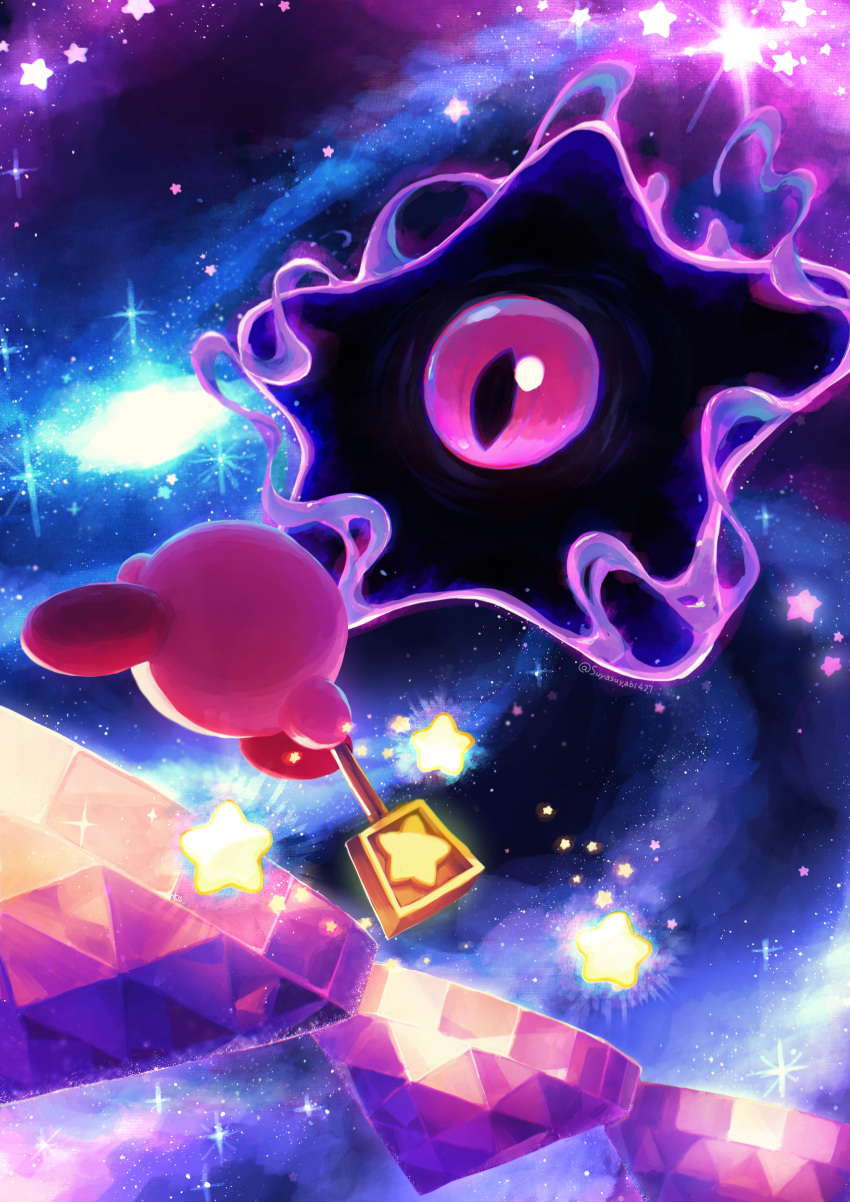 absurdres, aura, battle, commentary, crystal, dark_nebula, galaxy, highres