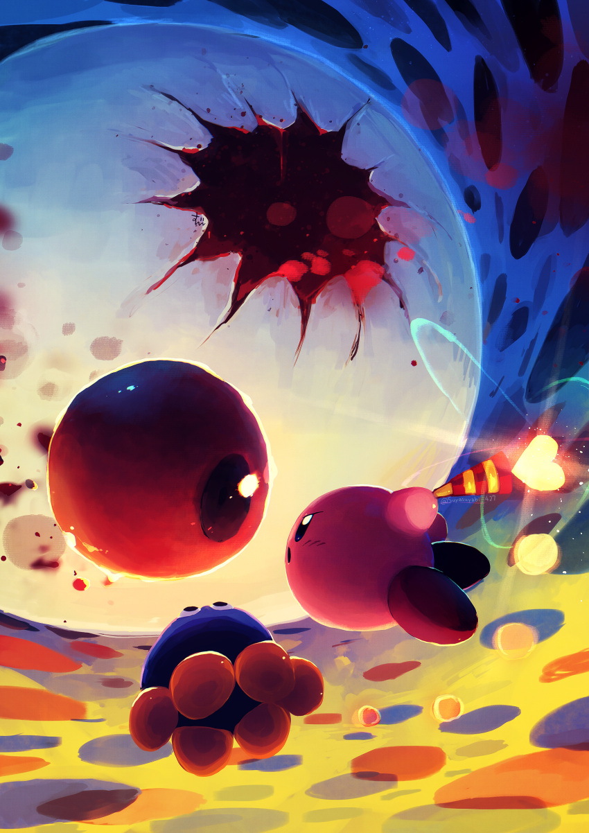 absurdres, battle, blush, commentary, crack, flying, gooey_(kirby), highres