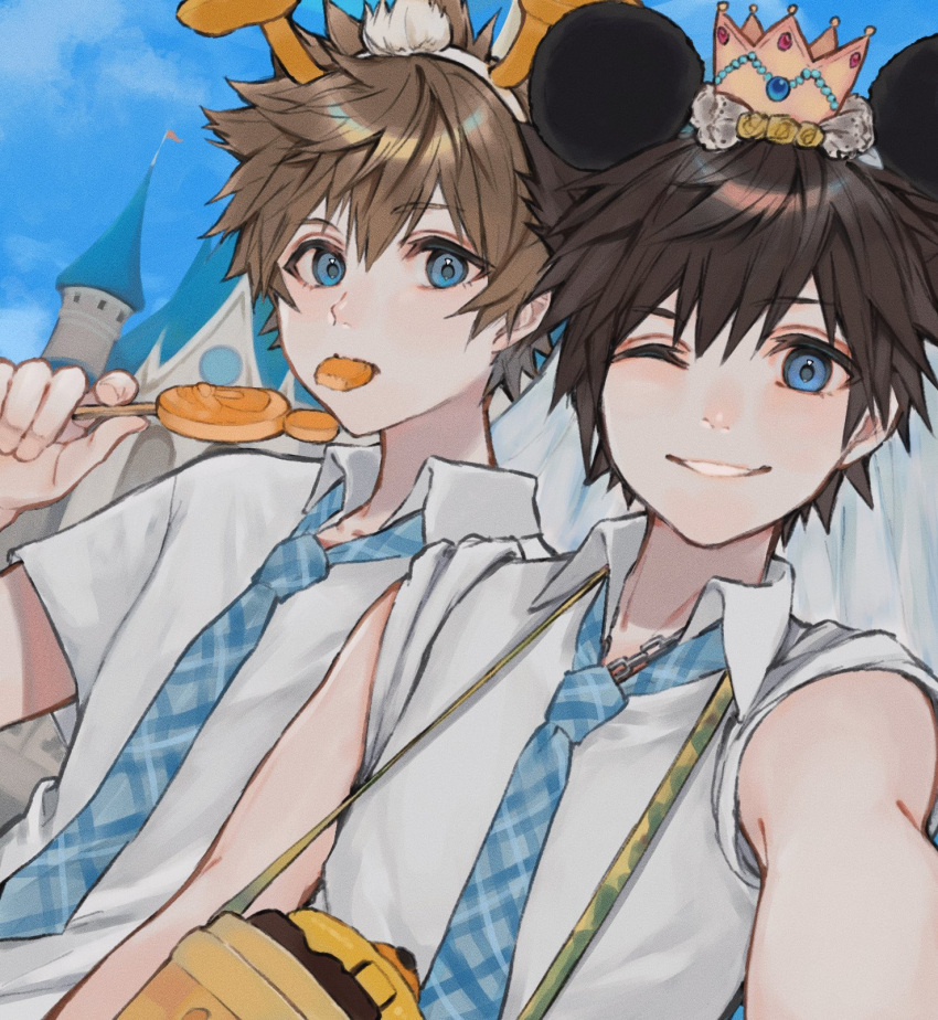 2boys, animal_ears, bag, blonde_hair, blue_eyes, blue_necktie, brown_hair, cake_pop