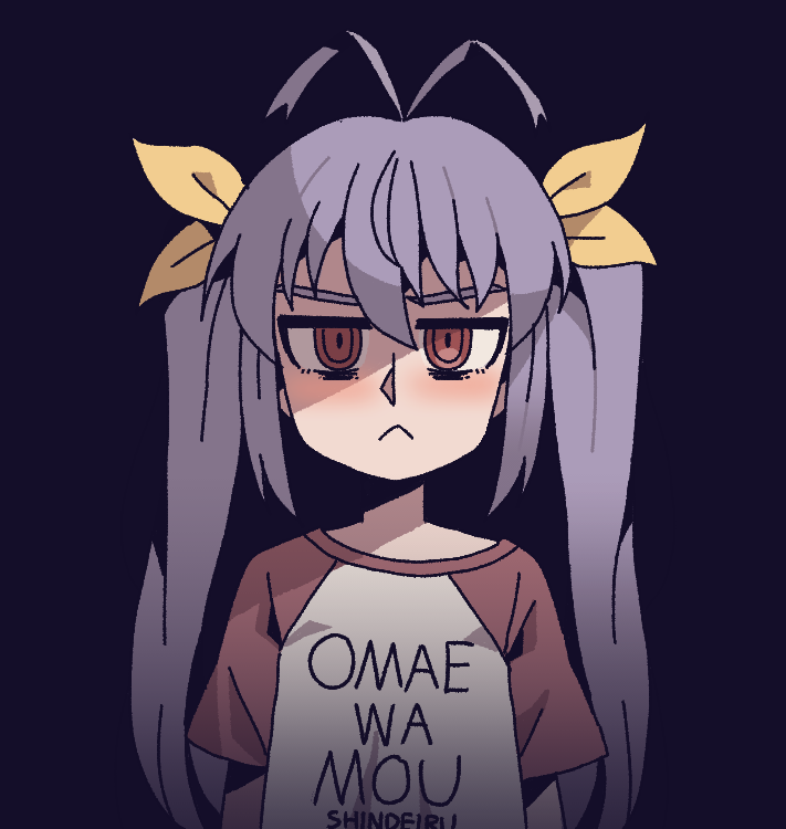 1girl, :<, blush, casual, closed_mouth, clothes_writing, commentary_request, expressionless