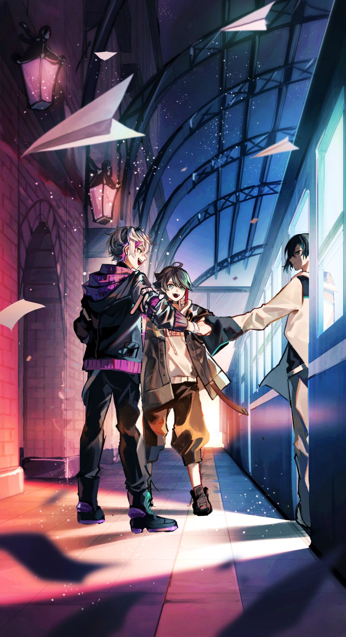 3boys, black_footwear, black_hair, black_jacket, black_pants, blue_hair, fuwa_minato, ground_vehicle, highres, hood, hooded_jacket, hoodie, jacket, keikenchiga0, male_focus, mayuzumi_kai, multicolored_hair, multiple_boys, nijisanji, pants, paper_airplane, redhead, saegusa_akina, shoes, smile, sneakers, streaked_hair, train, virtual_youtuber, white_hoodie, white_jacket