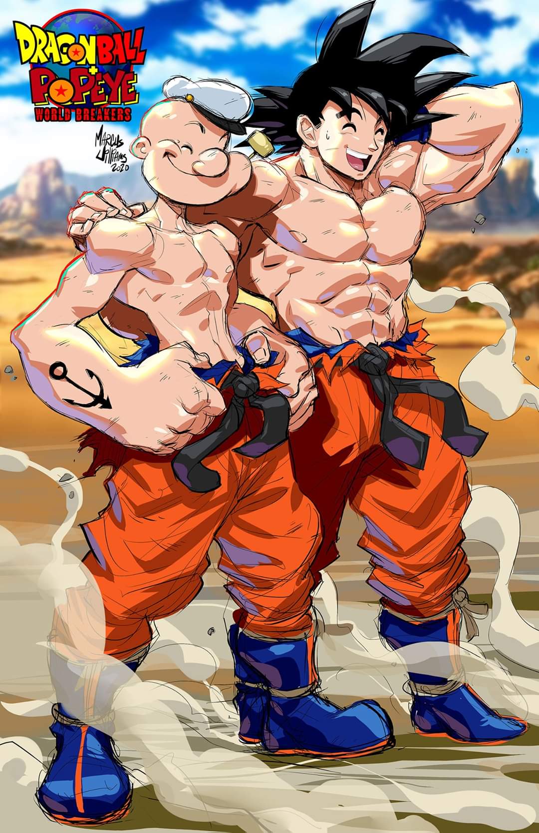 2020, 2boys, :d, abs, anchor_tattoo, arm_behind_head, arm_tattoo, artist_name