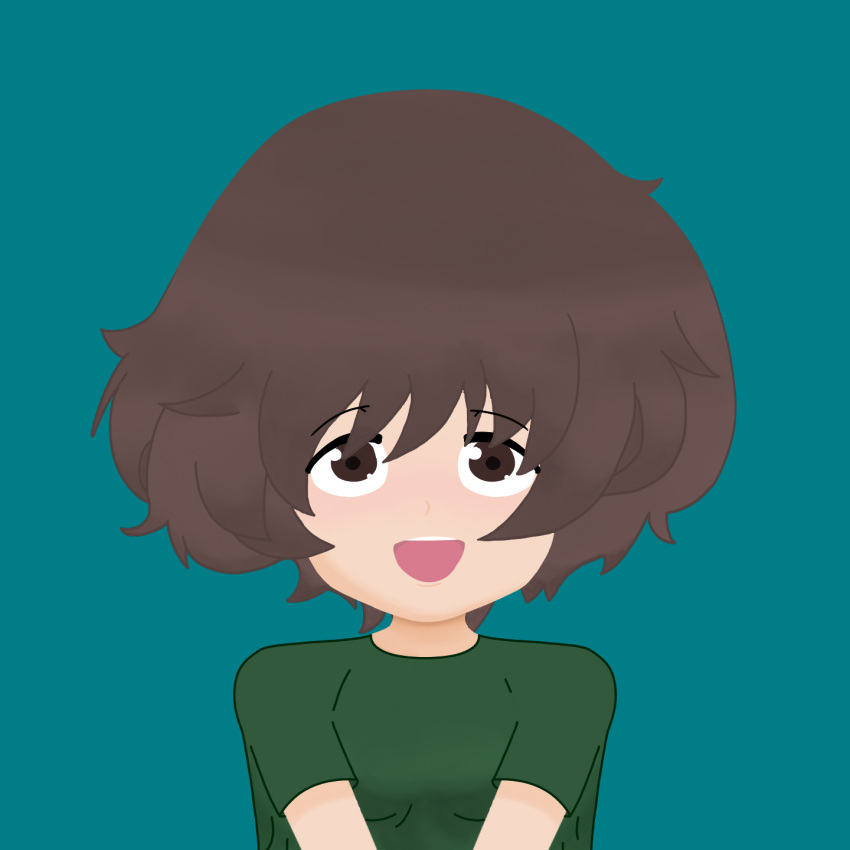 1girl, akiyama_yukari, bangs, brown_eyes, brown_hair, girls_und_panzer, highres, messy_hair, more_yukari, non-web_source, self_upload, short_hair, smile, solo