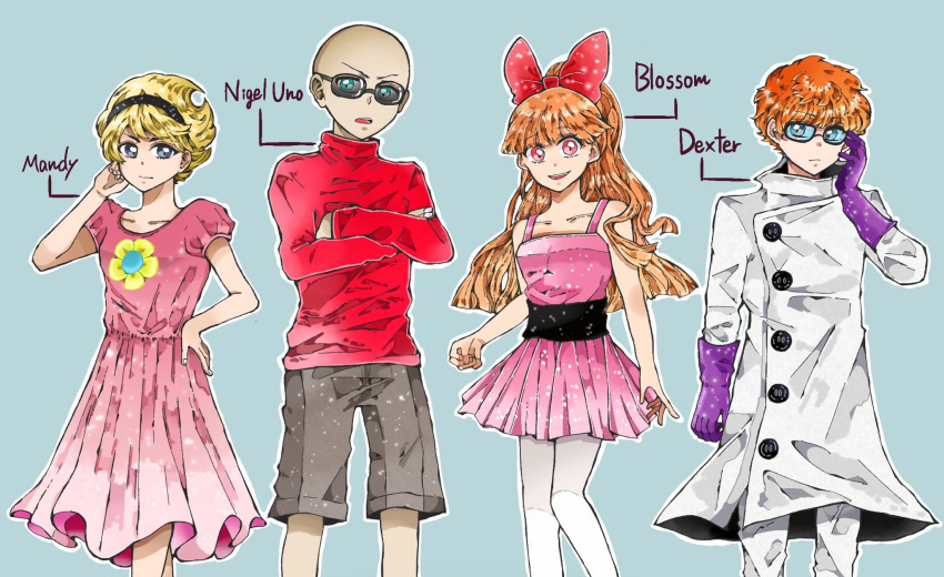 2boys, 2girls, bald, bangs, black_hairband, black_sash, blonde_hair, blossom_(ppg)