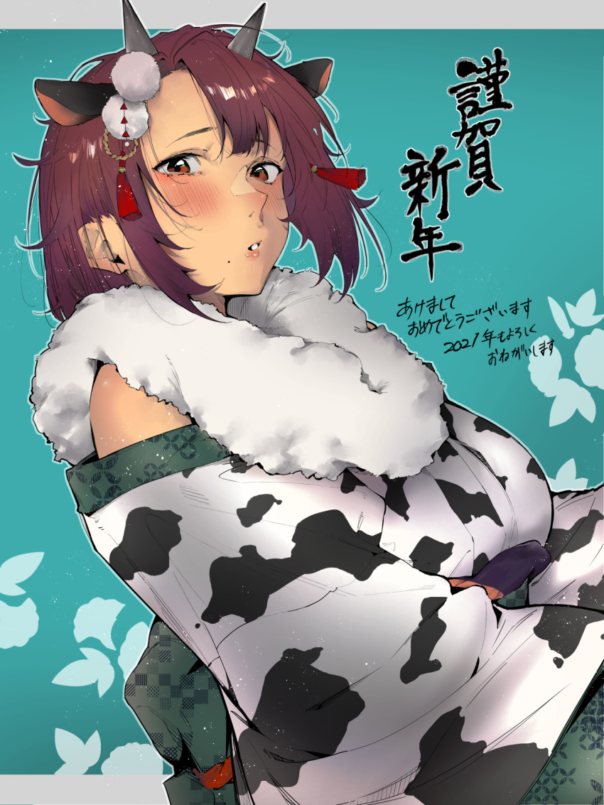 1girl, 2021, animal_ears, animal_print, bare_shoulders, blush, brown_hair, chinese_zodiac