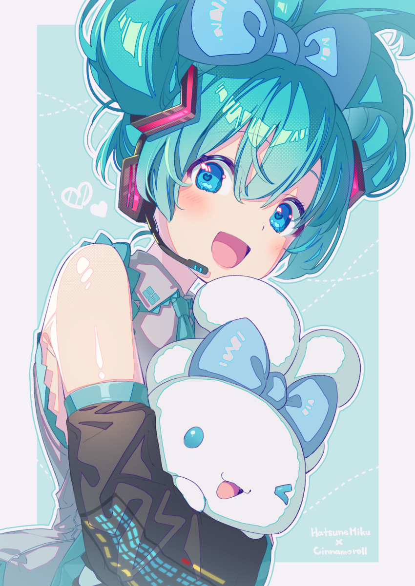 >_<, 1girl, :d, absurdres, alternate_hairstyle, aqua_background, aqua_bow, aqua_eyes, aqua_hair, bangs, black_sleeves, blush, bow, cinnamiku, cinnamoroll, collared_shirt, commentary_request, crossover, detached_sleeves, goshichi_shoji, green_necktie, green_shirt, grey_shirt, hair_bow, hair_rings, hatsune_miku, headset, heart, highres, holding, looking_at_viewer, necktie, one_eye_closed, rectangle, sanrio, shirt, sleeveless, sleeveless_shirt, smile, symbol_in_eye, two-tone_background, updo, upper_body, vocaloid, white_background