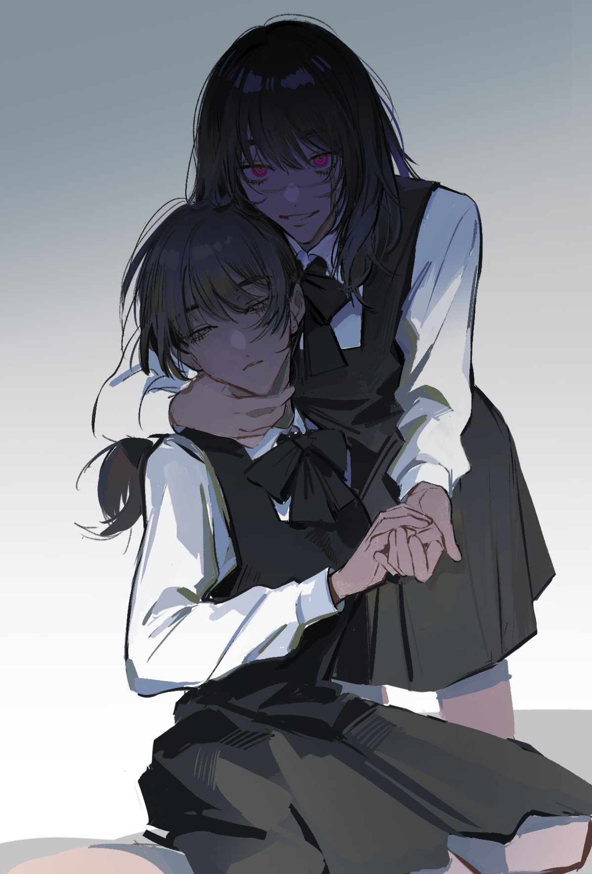 2girls, attsei, bangs, black_bow, black_bowtie, black_dress, black_hair, bow, bowtie, brown_eyes, chainsaw_man, collared_shirt, dress, dual_persona, expressionless, feet_out_of_frame, gradient, gradient_background, grin, half-closed_eyes, hand_on_another's_neck, highres, holding_hands, leaning_forward, long_sleeves, looking_at_viewer, low_ponytail, medium_hair, mitaka_asa, multiple_girls, pinafore_dress, pink_eyes, ringed_eyes, scar, scar_on_cheek, scar_on_face, school_uniform, shirt, simple_background, sitting, smile, standing, war_devil_(chainsaw_man), wariza, white_background, white_shirt