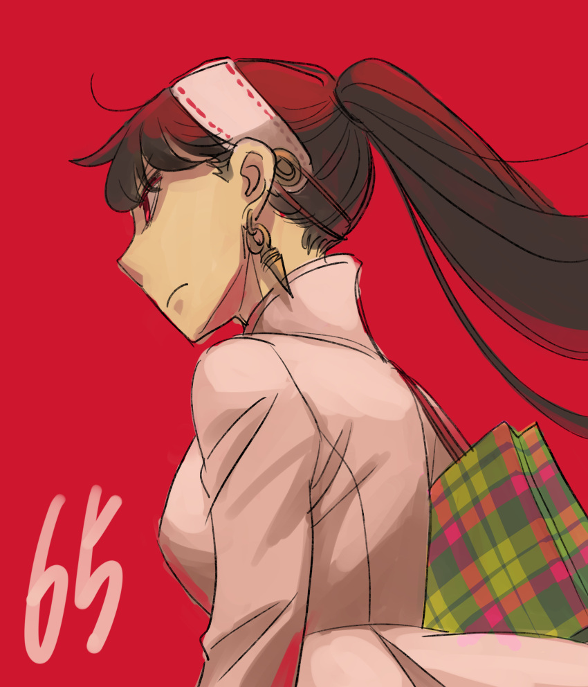 1girl, absurdres, black_hair, breasts, earrings, endou_tatsuya, from_side, frown