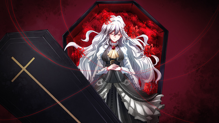 1girl, ascot, belt, black_dress, breasts, brooch, closed_eyes, coffin, dress, flower, highres, jewelry, long_hair, long_sleeves, lying, medium_breasts, on_back, original, own_hands_together, red_background, red_flower, solo, spider_lily, string, string_of_fate, uri200illust, very_long_hair, white_hair