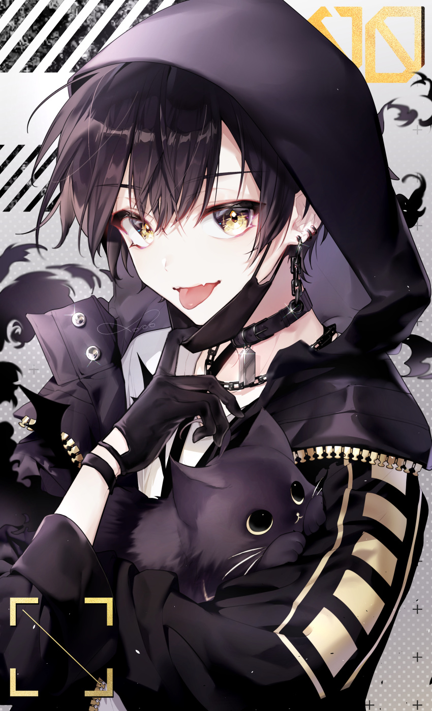 1boy, absurdres, animal, artist_name, aruse_inu, bangs, black_cat, black_collar