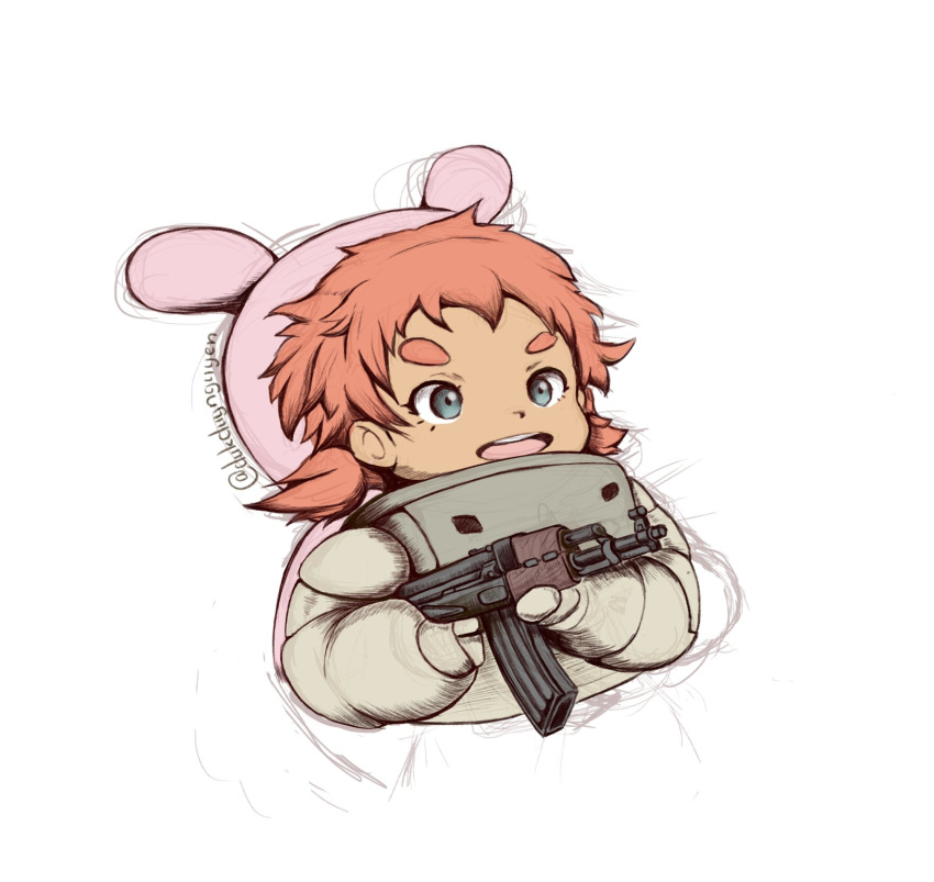 1girl, baby, dark-skinned_female, dark_skin, gloves, gun, gundam, gundam_suisei_no_majo
