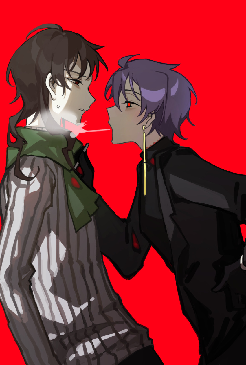 2boys, ahoge, bangs, black_coat, black_pants, black_sweater, blowing_smoke, brown_hair