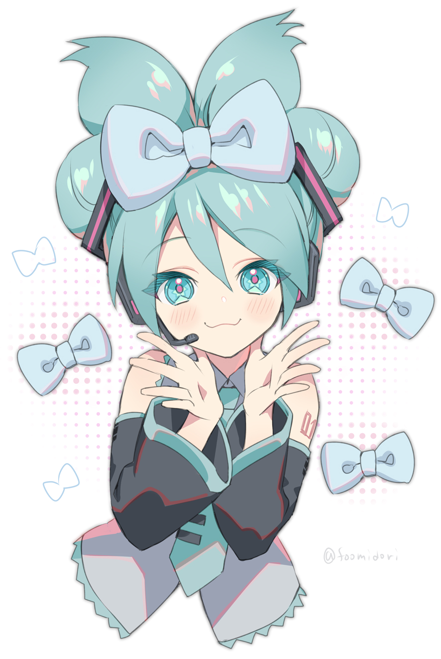 1girl, arm_tattoo, banned_artist, blue_bow, blue_necktie, bow, cinnamiku, collared_shirt