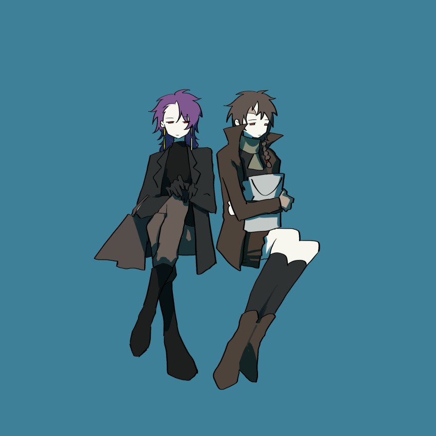 2girls, bag, black_coat, black_footwear, black_socks, black_sweater, blue_background, boots