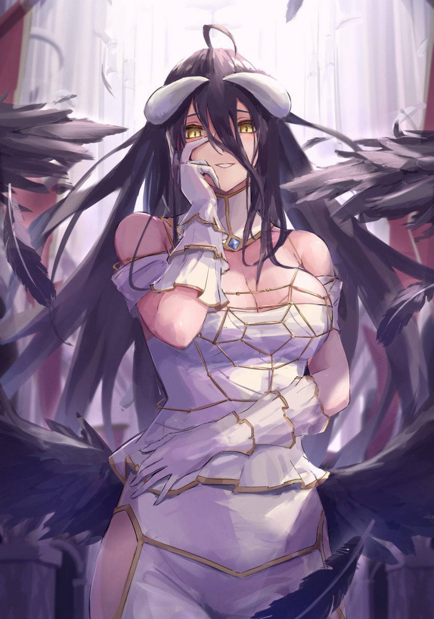 1girl, ahoge, albedo_(overlord), black_feathers, black_hair, black_wings, demon_girl, demon_horns
